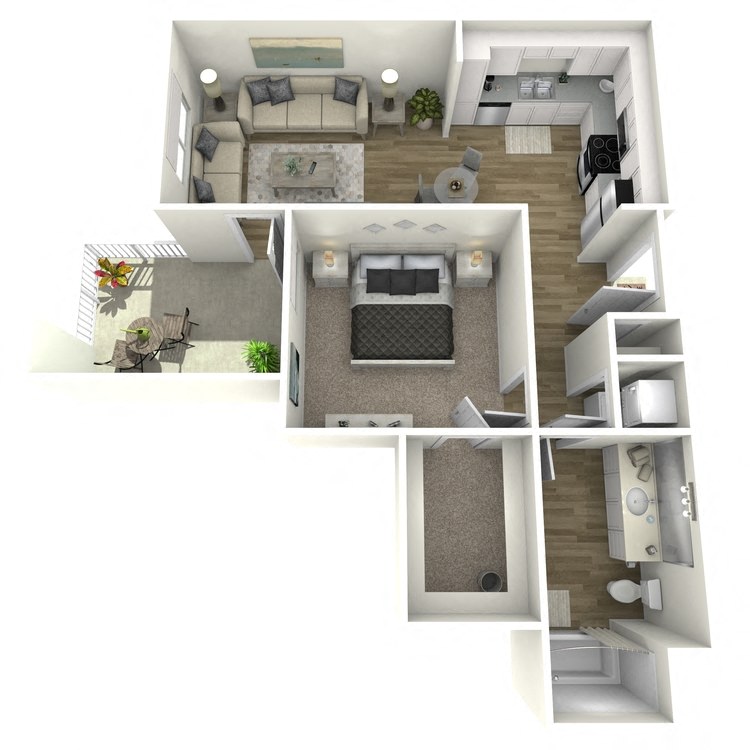 Floor plan for 1 bed, 1 bath, 722 sqft